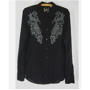Vintage Y2K GUESS Men Size Large Black Embroidered Button Down Casual Club Shirt